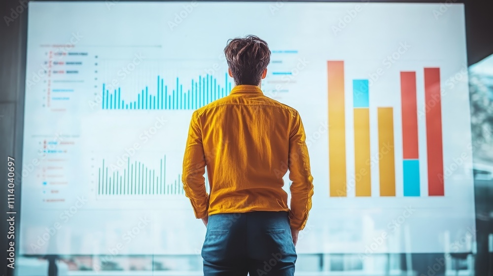 Poster a person in a yellow shirt analyzes data on a large screen displaying various charts and graphs.