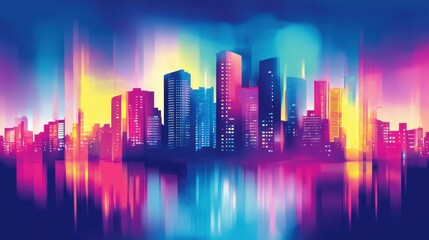 Obraz premium Vibrant Cityscape Reflection: A Dazzling Urban Symphony