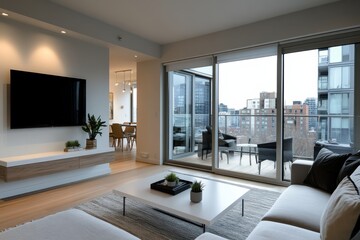 Fototapeta premium An inviting living area features large windows, bringing in natural light, showcasing modern decor and a charming view of the city, blending comfort with contemporary design.
