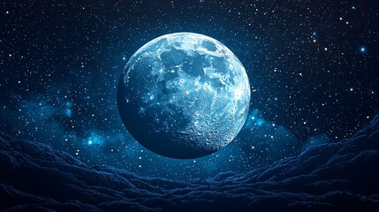 Moon with craters shining brightly in a star-filled night sky over a cosmic landscape