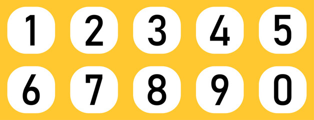 Set of 1 to 9 numbers vector icon set isolated on a yellow background. Typography set of rounds 1 to 9 Numbers. Bullet point number icon collection. Numeral typographic icons set. Vector illustration.