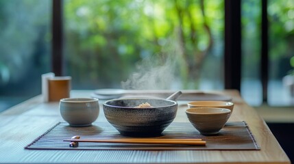 Serene Japanese Dining Setup with Steam