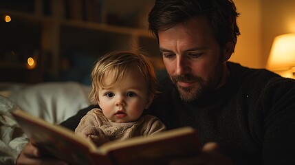 Father shares a bedtime story with his child in a cozy, softly lit room