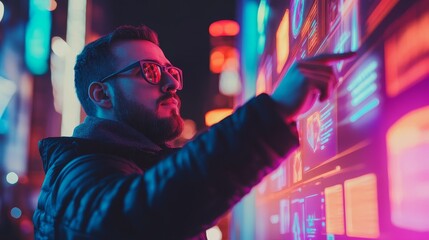 Obraz premium A man interacts with a vibrant digital display in a futuristic urban setting at night.