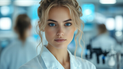 Fototapeta premium Young scientist working diligently in a modern laboratory with advanced technology and equipment during the day. Generative AI