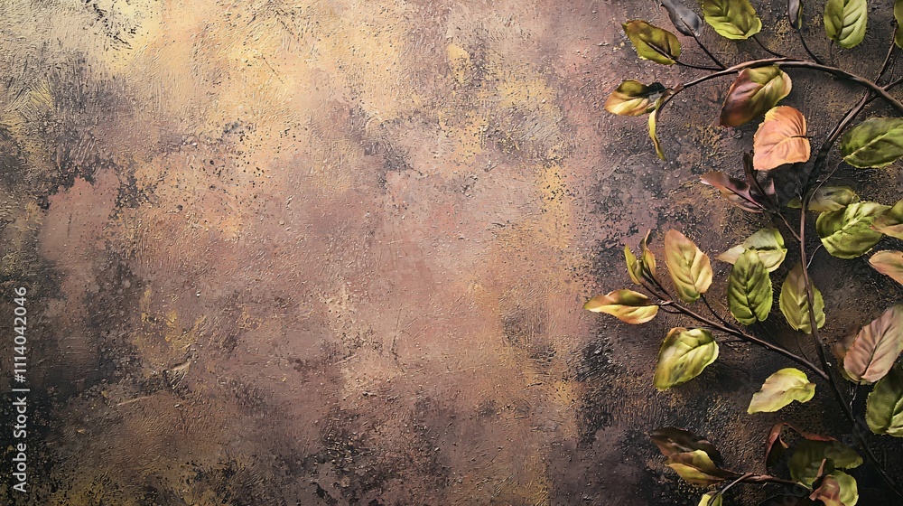 Poster generous space with textured background and green leaves creating a natural atmosphere