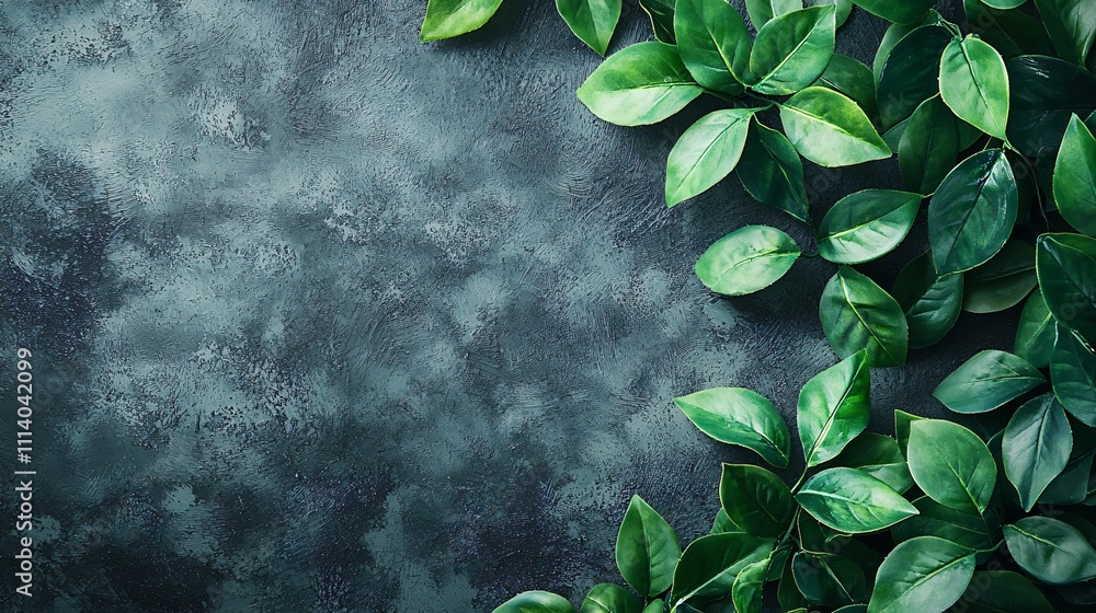 Poster green leaves on textured surface with ample copy space for creative text placement