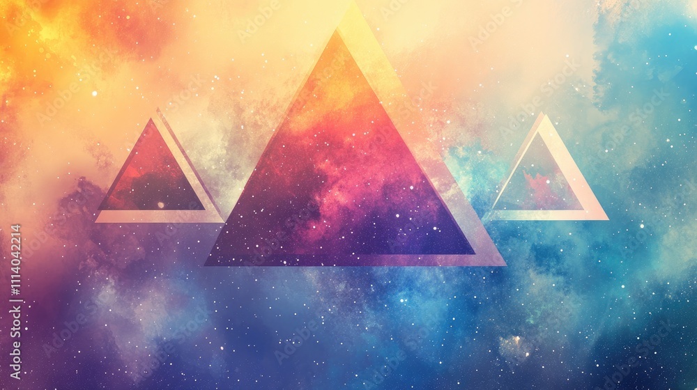 Poster abstract cosmic nebula with three geometric triangles.