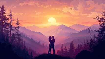 Obraz premium sunrise and couple on the mountain for unity, pleasant time and relaxation in the morning. Travel, love and happy man and woman hugging