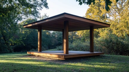 Modern Wooden Gazebo in a Green Forest Setting