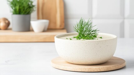 Fototapeta premium Creamy soup garnished with fresh dill, served in a ceramic bowl, placed on a wooden board in a bright kitchen setting, representing comfort food.