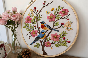Handcrafted embroidery art featuring colorful birds and pink blossoms in a wooden hoop, displayed with delicate roses and natural decor on a table.