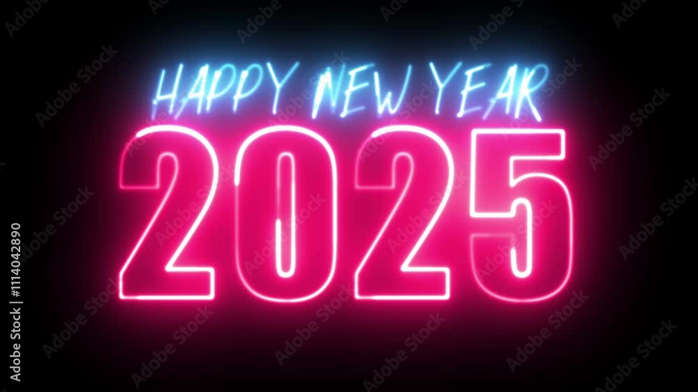 Poster happy new year 2025 text font with light. luminous and shimmering haze inside the letters of the tex