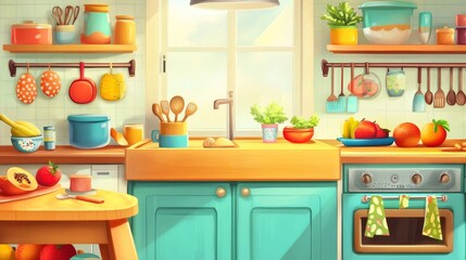 A vibrant kitchen scene filled with colorful utensils, fresh produce, and a cozy atmosphere.