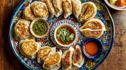 Delicious Dumplings Served on Colorful Traditional Plate