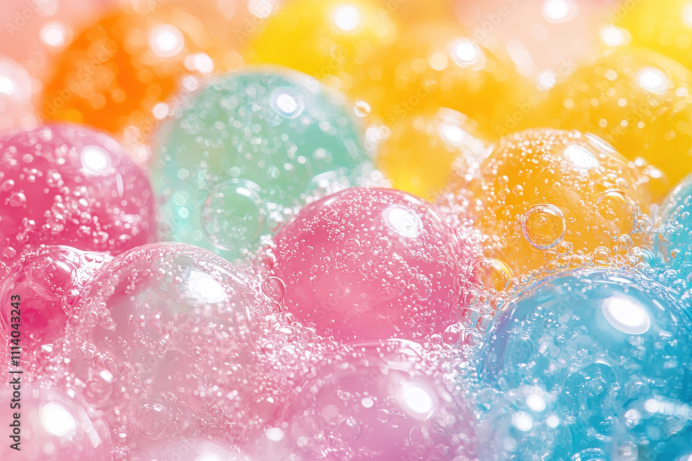 Leinwandbilder Brightly colored bubbles float in water, creating an enchanting and playful visual effect with an array of pastel hues