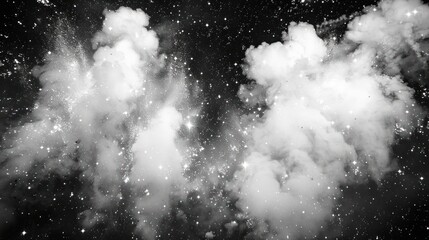 Abstract cosmic nebulae, vast clouds of gas and dust, scattered stars, monochrome.