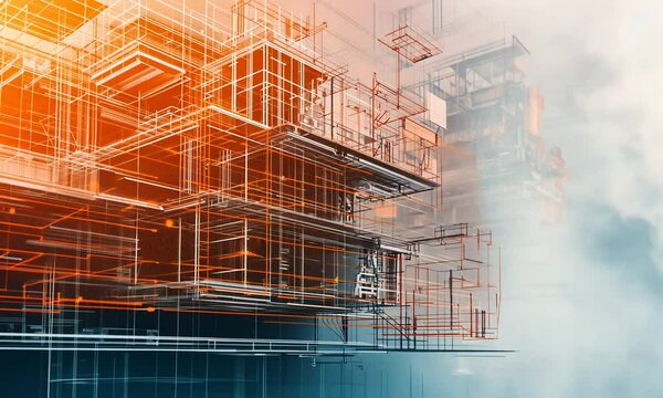 A digital depiction of a modern architectural structure with layered geometric forms and a vibrant color gradient.