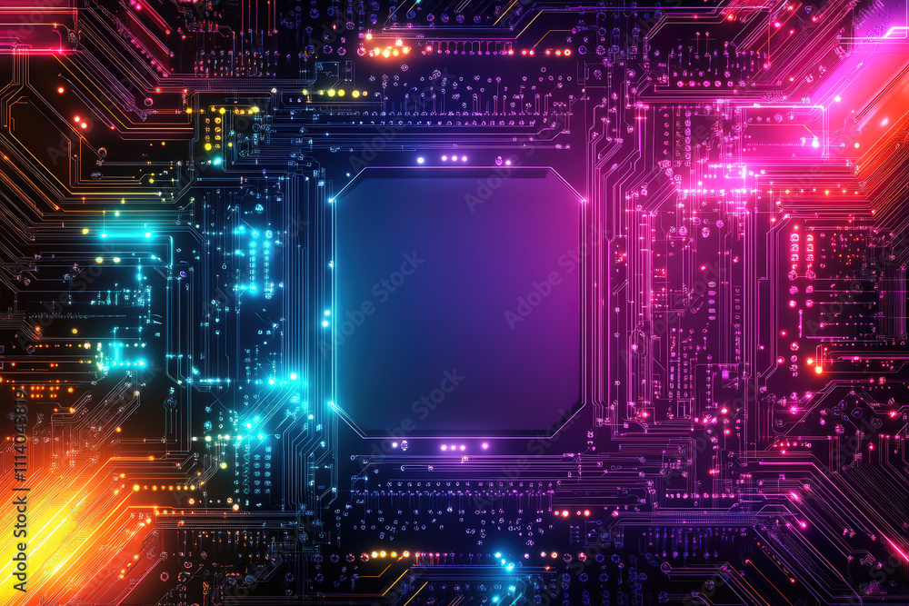 Leinwandbilder An intricate circuit board design illuminated with vibrant lights, creating a dynamic and colorful digital atmosphere
