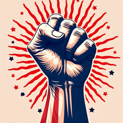Raised fist symbolizing power and resistance against a background of rays and stars.