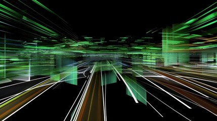 Abstract digital cityscape with vibrant light streaks.