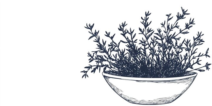 Background Featuring a High-Contrast Bowl of Genuine Codonopsis Pilosula with Dynamic Lines, Utilizing Vintage Imagery in Organic Outlines with White and Blue Woodcut Style, Highlighting the Hatching 