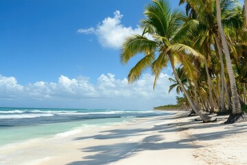 Obraz premium Tropical beach with white sand, turquoise water, and palm trees under a clear blue sky