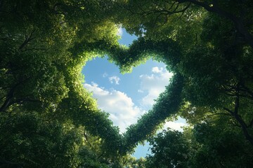 Heart-shaped opening in green tree canopy revealing blue sky with white clouds on a sunny day