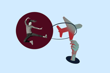 Composite photo collage of frown girl jump judo pose kick hand hold aircraft icon summer travel adventure isolated on painted background