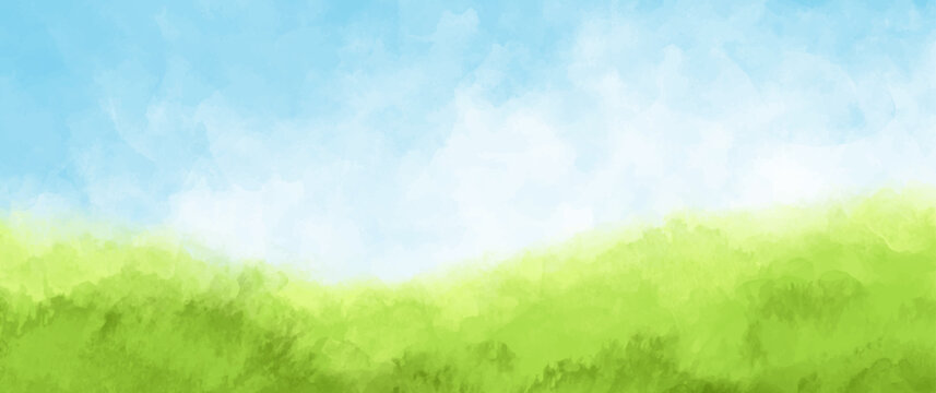 Abstract summer landscape vector watercolor background with blue sky, white clouds and green field. Watercolor illustration for interior, flyers, poster, cover, banner. Modern hand draw painting.
