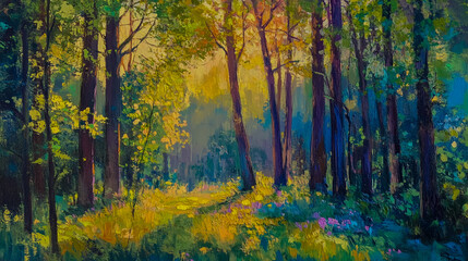 Obraz premium Sunlight streaming through trees in a vibrant spring forest, capturing the beauty of the season