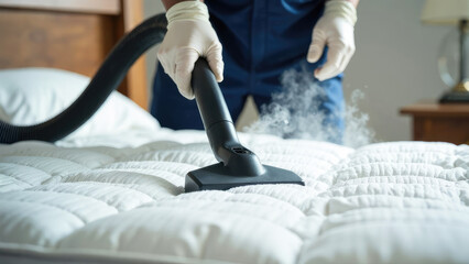 Fototapeta premium Close-up of gloved hands of male cleaner vacuuming from a bedroom mattress. Cleaning and disinfecting bed linens and mattress, cleaning company