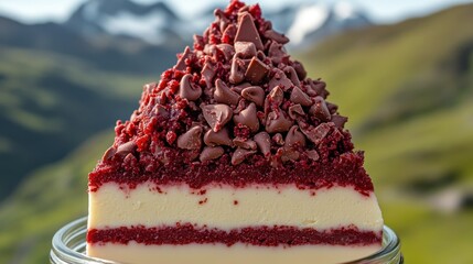 A tasty red velvet cake with cream layers and chocolate chips, set in a lovely scene