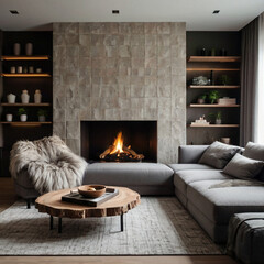 modern living room. Corner sofa with grey and fur pillows near fireplace