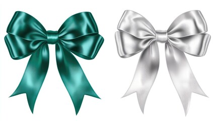 Christmas bow clipart, satin finish, emerald green and silver, isolated on white background 