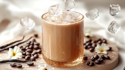 A delicious chilled chocolate milkshake adorned with ice and coffee beans creates a comforting vibe