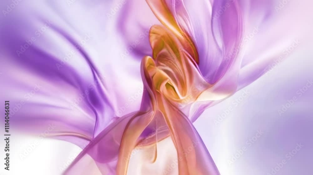 Poster Abstract digital animation featuring softly moving fabric that gently curves into elegant shapes. The color palette is pastel shades of orange, purple and white that blend harmoniously, giving the wor