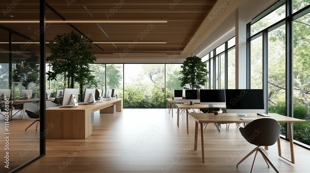 Poster modern open office space with large windows and natural light offering a collaborative environment f