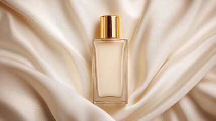 Elegant Glass Bottle of Fragrance on Luxurious Satin Fabric Background with Soft Lighting Highlighting the Rich Textures and Colors of the Scene