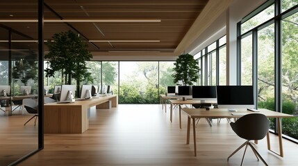 Modern open office space with large windows and natural light offering a collaborative environment for productivity
