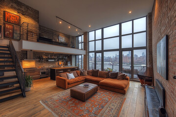 Modern Loft Apartment With City View And Exposed Brick Walls