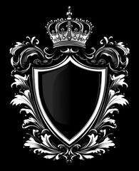 Fototapeta premium Black shield crest with crown and ornate frame.