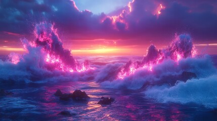 Naklejka premium Pink and Blue Ocean Waves at Sunset
