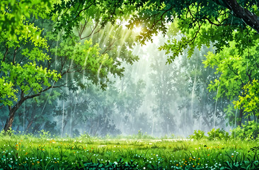 Summer rain in lush green forest, with heavy rainfall background. Rain in the forest with sun casting warm rays between the trees. Abstract natural backgrounds for your design
