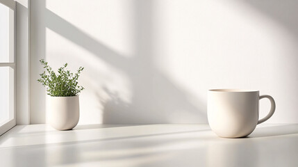 A serene, minimalist scene featuring a small plant and a white cup on a bright, sunlit table next to a window.