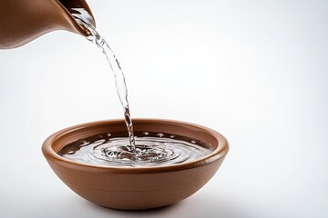 Water Pouring into Clay Bowl on White Background
