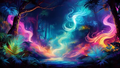 watercolor art illustration of whimsical neon smoke swirling through a dark jungle creating an enchanting and mystical atmosphere
