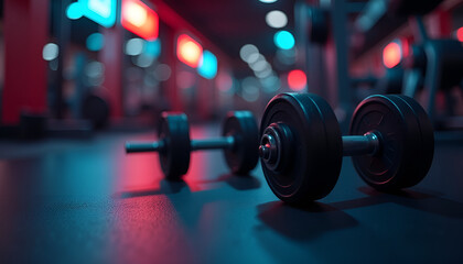 Fototapeta premium Close-up of dumbbells on gym floor with vibrant lighting and modern design