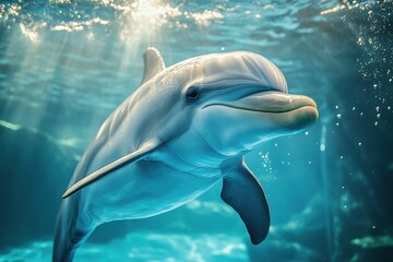 Playful Dolphin Underwater with Sunrays
