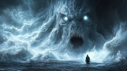 Obraz premium A dark, ominous scene featuring a towering, monstrous face emerging from stormy clouds, with a solitary figure standing in the foreground.